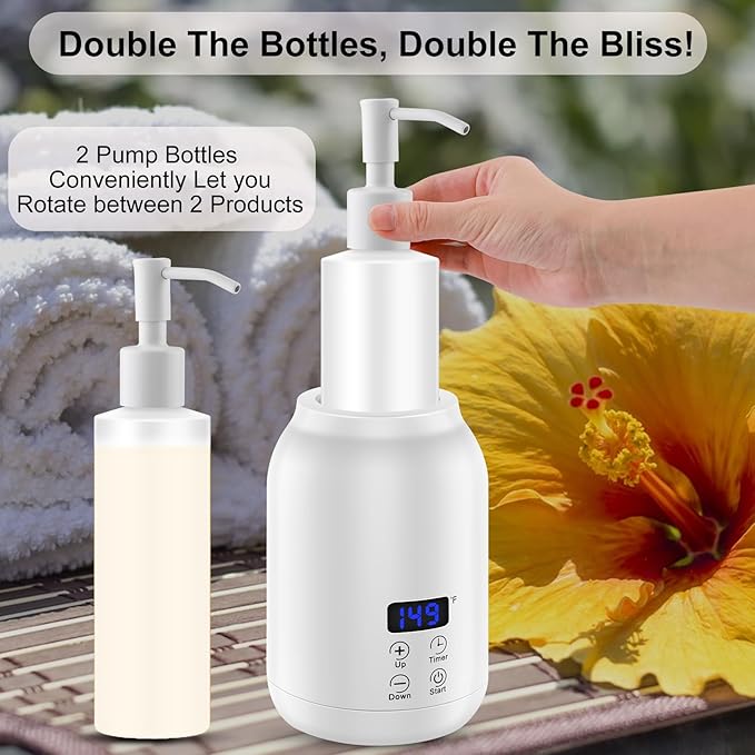 Massage Oil Heater Warmer,with ℃/℉ Switchable Display, Two Oil Dispenser Bottle，Constant Temperature,Body Oils Heater for Spa, Salon and Barber Shops,White - Bloomnest