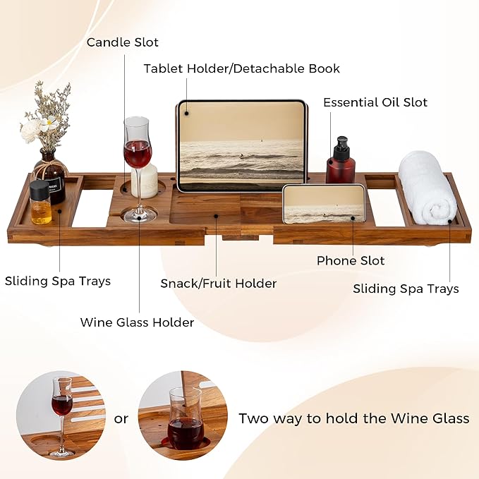 Teak Bathtub Tray - Luxury Bath Tray with Expandable Handles, Wine Glass and Phone Holders, Book Stand - Perfect for Home Spa Relaxation and Reading - Natural Bath Accessories - Light Walnut Color - Bloomnest