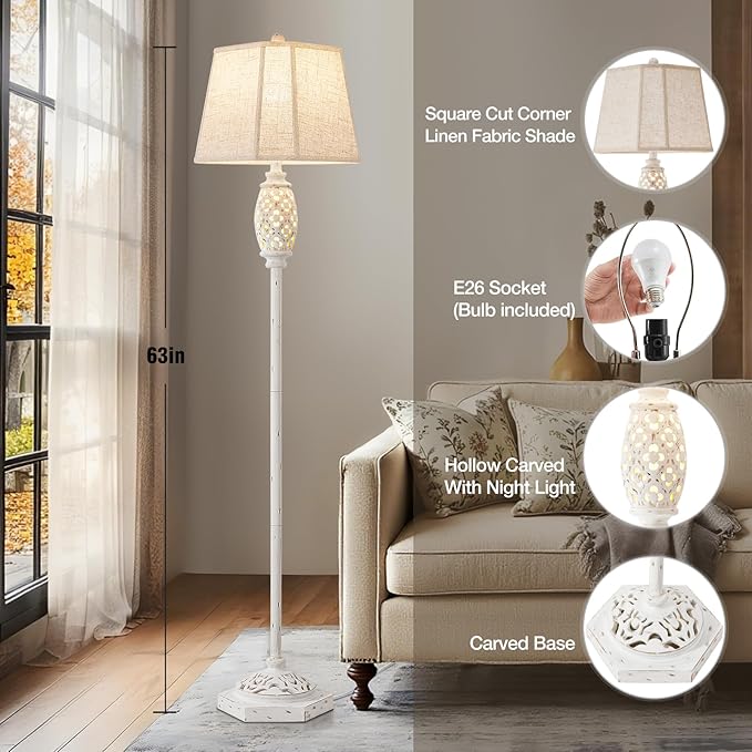 Luvkczc Rustic Floor Lamp with Floral Cutouts & Light, Vintage Farmhouse Style Standing Lamp Resin Floor Lamps for Living Room, Bedroom,Study (Bulb Included) - Bloomnest