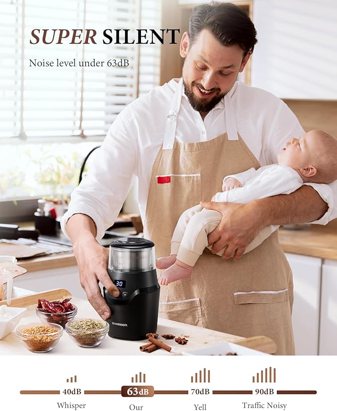 SHARDOR Adjustable Coffee Grinder Electric, Super Silent Electric Coffee Bean Grinder with Time-Memory Adjustment and Multi-Functional Stainless Steel Cup for Spices, Herbs, and Nuts Grinding, Gray - Bloomnest