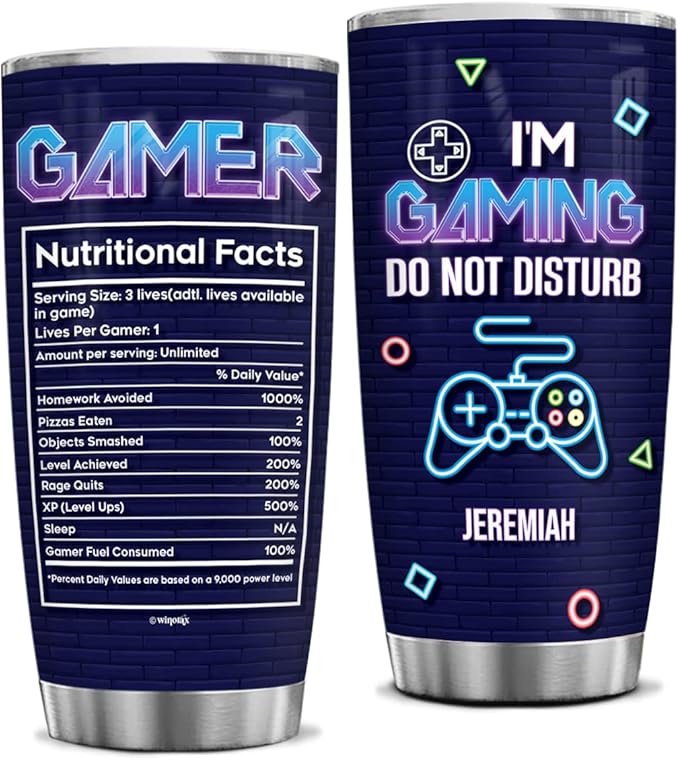 winorax Personalized Gamer Tumbler Nutrition Facts Custom Gaming Cup Tumblers Stainless Steel 20oz 30oz Coffee Mugs Gifts for Video Game Lovers Pro Gamers Men Women Birthday Christmas Presents - Bloomnest