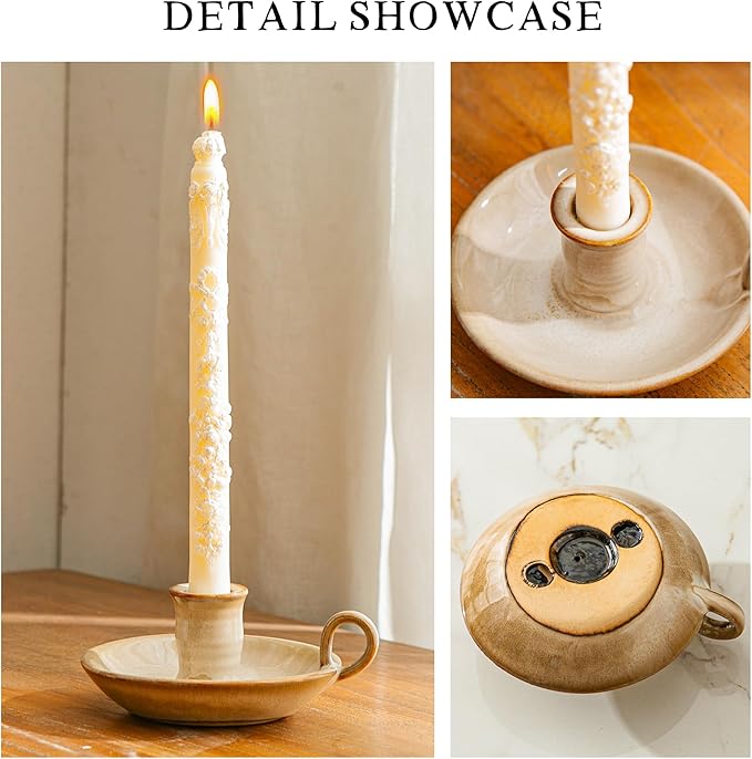 Candlestick Holder, Vintage Ceramic Candle Holder for Taper Candles, Spell Candles, and Incense, Farmhouse Candlelight Stand with Handle for Home, Dining Table, Halloween, Christmas Decor - Bloomnest