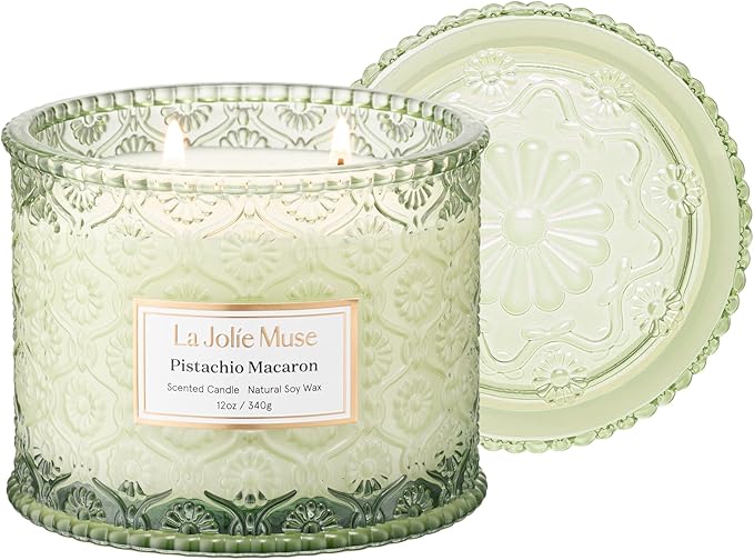 LA JOLIE MUSE Pistachio Macaron Candle | Pistachio, Milk & Vanilla | 12 oz Double Wick Soy Candle | Natural Soy Wax | 60 Hours Clean Burn | Holiday Gift for Dessert Lovers | Seasonal Home Décor - Bloomnest