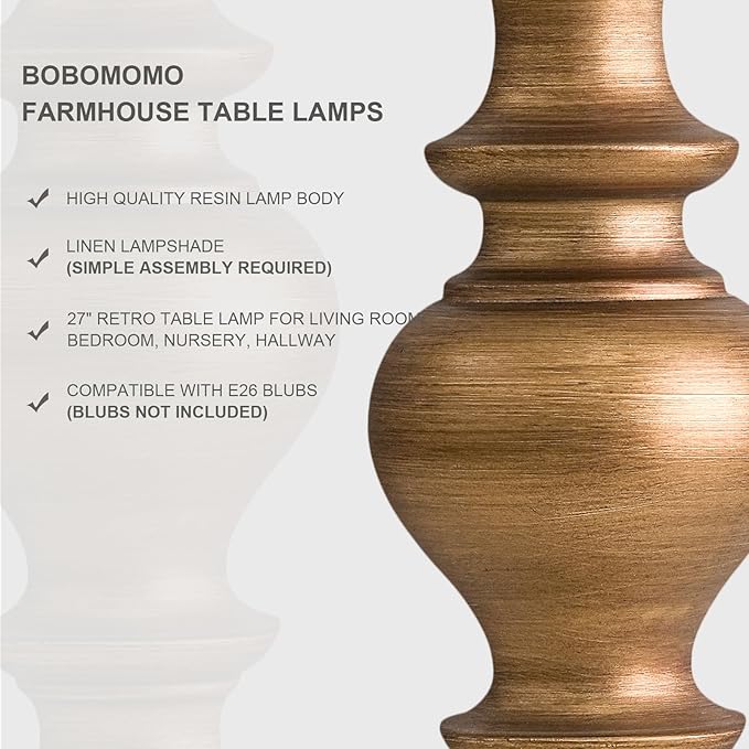 BOBOMOMO 27" Antique Gold Table Lamps Set of 2, Elegant Large Resin Lamps with Linen Shades, Gold Traditional Lamps for Bedroom, Living Room, or Console Table, Classic Vintage Décor - Bloomnest