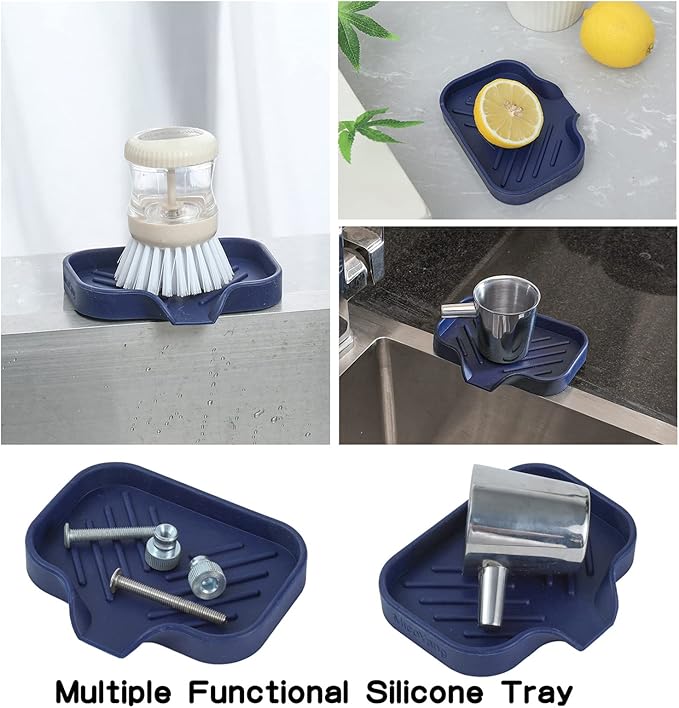 Silicone Bathroom Soap Dishes with Drain Spout-Kitchen Sink Organizer,Sponge Holder,Dish Soap Tray,Perfect for Dispenser,Scrubber,Bottle,Cup on Sink or Counter-Navy Blue 4.9"×3.2" - Bloomnest
