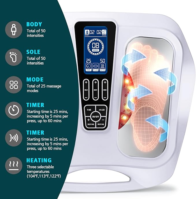 EMS & TENS Foot Massager for Neuropathy Relief, Electric Muscle Stimulator with Heat, Improves Circulation, Relieves Plantar Fasciitis, Swelling & Leg Cramps