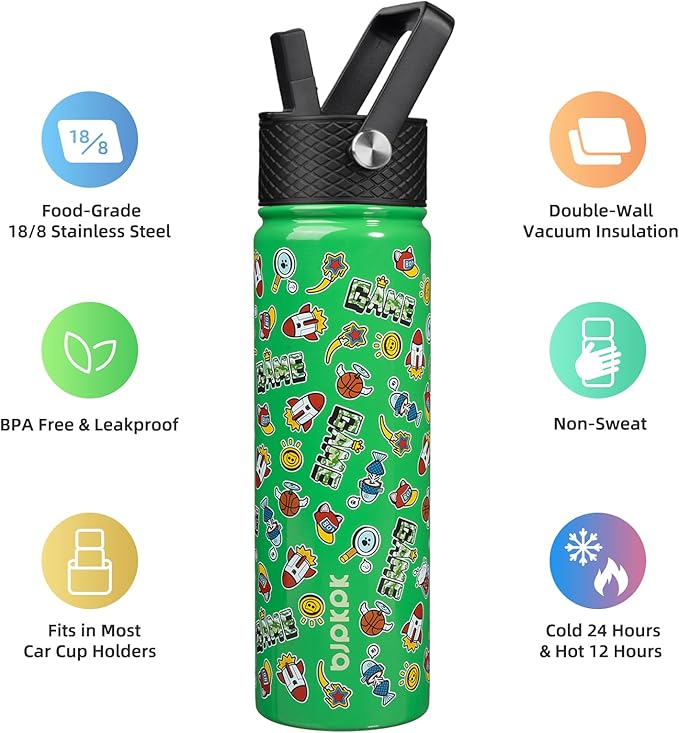 BJPKPK Insulated Water Bottle with Straw Lid, 22 oz Stainless Steel Metal Water Bottles, Reusable Leak Proof BPA Free Water Bottles, Cups, Thermo, Game - Bloomnest