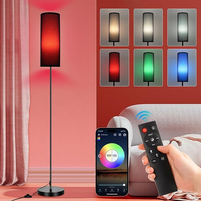 FRIDEKO HOME Floor Lamp, Color Changing Ambient Lighting for Living Room Bedroom, Standing Lamp with App & Remote Control, Tall Corner Lamp for Christmas Home Decor, 9W 800LM, Foot Switch, Black Shade - Bloomnest