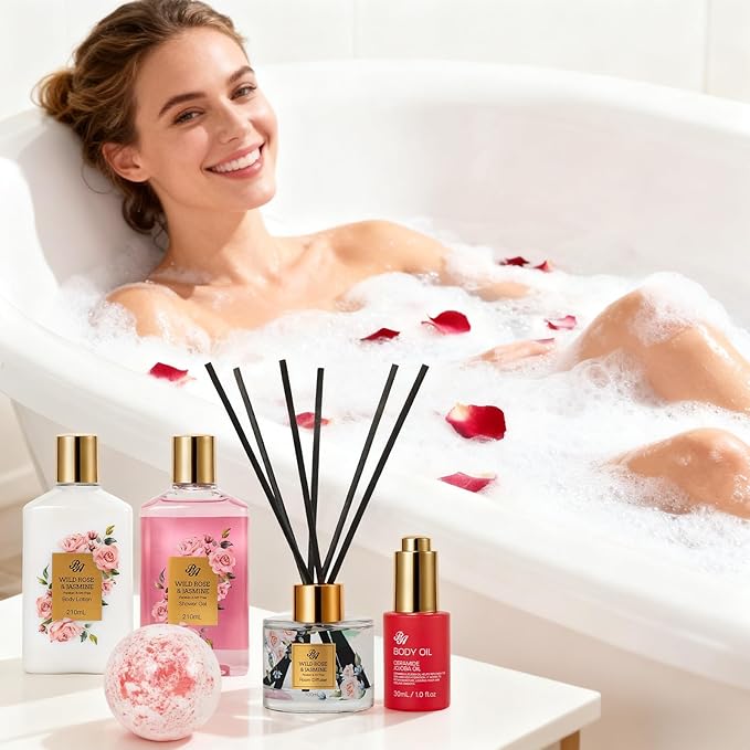 35 Pcs Valentines Day Gift for Women, Red Rose Bath and Body Basket Gift, Face Skin Care Kit, Home Spa Self Care, Lip Gloss, Diffuser, Necklace, Birthday, Christmas, Mother, Bridal Shower, Anniversary - Bloomnest