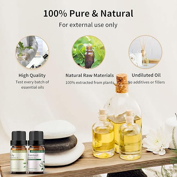GREENSLEEVES Patchouli Lily Essential Oil Set, 2 x 10ml Pure Plant-Based Fragrance Oil for Aromatherapy, Essential Oils for Diffuser, Massage, Bath Bomb, Scented Candle Soap Making GREENSLEEVES