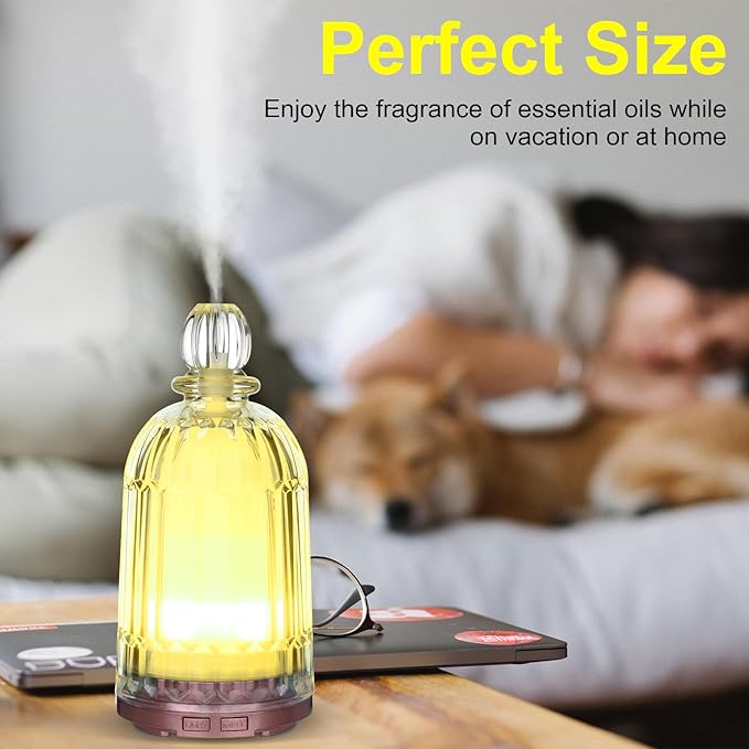 120ml Glass Essential Oil Diffuser, Ultrasonic Aroma Diffuser Glass Cover & Plastic Reservoir with Auto Shut-Off 7 Colors LED Lights for Home Office Bedroom(Bronze Base) DOUDING