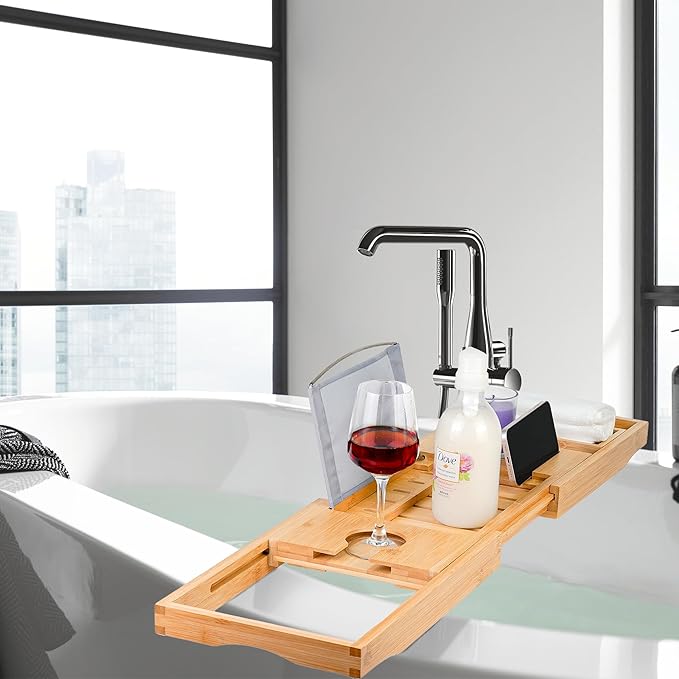 Utoplike Bamboo Bathtub Caddy Tray Bath Tray for Tub, Adjustable Bathroom Bathtub Organizer with Book Tablet Wine Glass Cup Towel Holder - Bloomnest