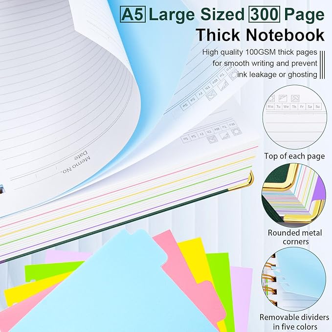 Hardcover Spiral Notebook 6.2"x 8.2" Journal Notebook with Tabs and Removable Dividers 300 Pages 5 Subject Notebook College Ruled, Faux Leather Spiral Bound Notebook for Women School Work(Green) - Bloomnest