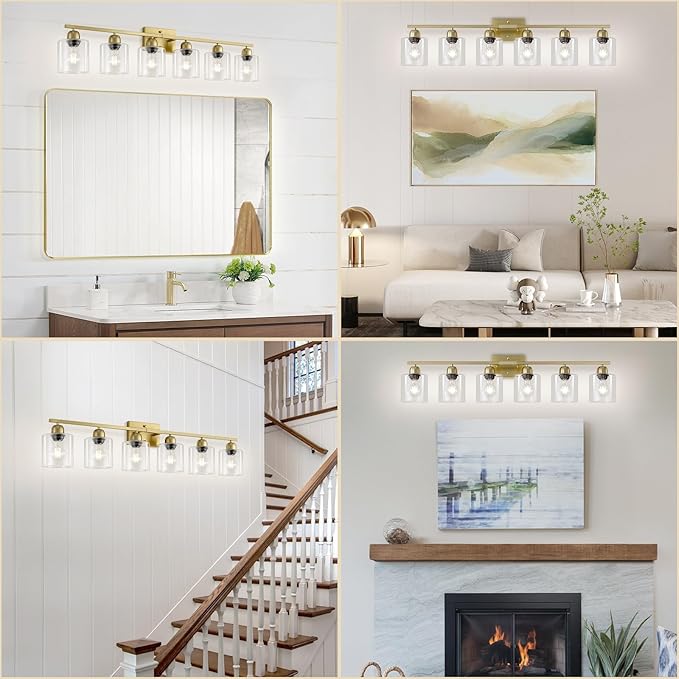 Modern Brushed Gold 6 Light Bathroom Light Fixtures,38 inch Vanity Lights for Bathroom with Clear Glass, Vanity Light for Mirror Kitchen Living Room Hallway Cabinet Porch - Bloomnest