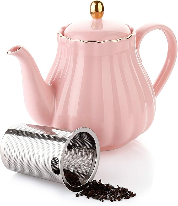 Amazingware Royal Teapot, Porcelain Tea Pot with Stainless Steel Infuser, with a Filter for Loose Tea, Pumpkin Fluted Shape - 28 oz, Pink - Bloomnest
