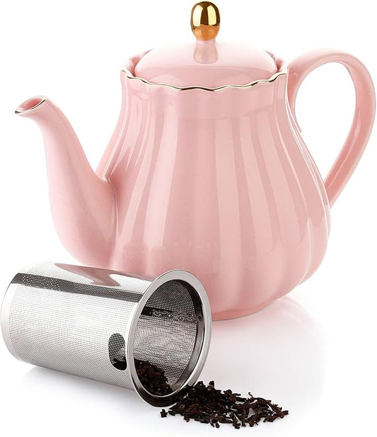 Amazingware Royal Teapot, Porcelain Tea Pot with Stainless Steel Infuser, with a Filter for Loose Tea, Pumpkin Fluted Shape - 28 oz, Pink - Bloomnest