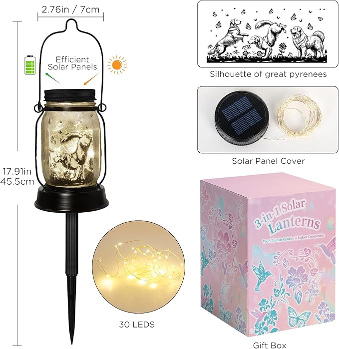 kyoryuger Pyrenees Gifts for Women/Men Pyrenees Dog Solar Lanterns Mom Birthday Dog Lovers Lantern Pet Loss Pet Memorial Lights Solar Garden Decoration for Yard, Patio,Backyard,Porch Torches Light - Bloomnest