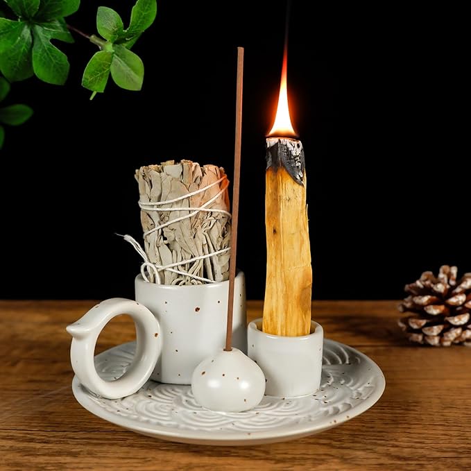5-in-1 White Ceramic Palo Santo Burner & Holder - Small Candle and Smudge Tray for Incense Sticks & Cones, Sage, Zen Meditation Altar Accessory – Compatible with Matches for Aromatic Scents - Bloomnest