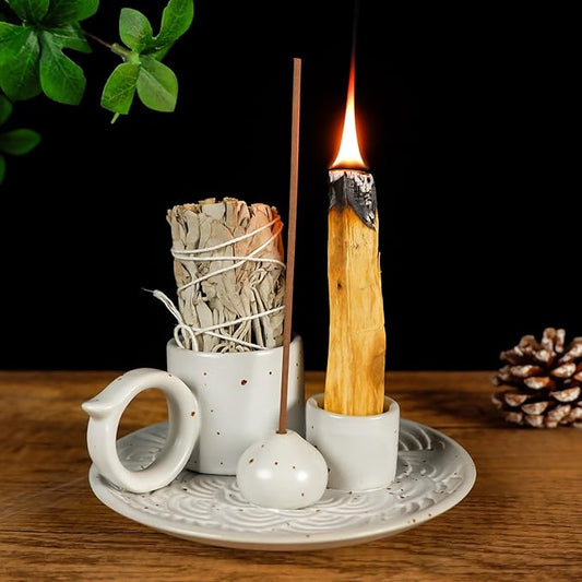 5-in-1 White Ceramic Palo Santo Burner & Holder - Small Candle and Smudge Tray for Incense Sticks & Cones, Sage, Zen Meditation Altar Accessory – Compatible with Matches for Aromatic Scents - Bloomnest