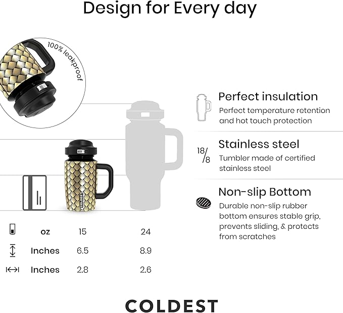 Coldest Tumbler with Handle & Coffee Lid - 100% Spill Proof Tumbler (3 Lids) - Stainless Steel Insulated Leakproof Tumblers for Women & Men - Cup Holder Friendly - 15 oz (Gold Dragon) - Bloomnest