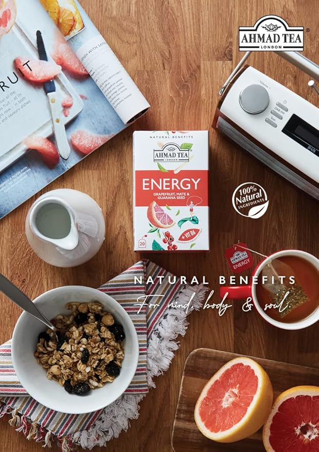 Ahmad Tea Herbal Tea, Grapefruit, Mate, Guarana Seed, & Vitamin B6 'Energy' Natural Benefits Teabags, 20 ct (Pack of 1) - Caffeinated & Sugar-Free - Bloomnest