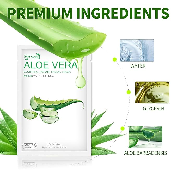 Aloe Vera Face Mask,Hydrating Face Masks Skincare For Dry, Oily,Sensitive Skin,Aloe Facial Skincare Sheet For Moisturizing, Soothing, Calming, Sun Care,Acne, Facial Masks for Women Skin Care 10-Pack - Bloomnest