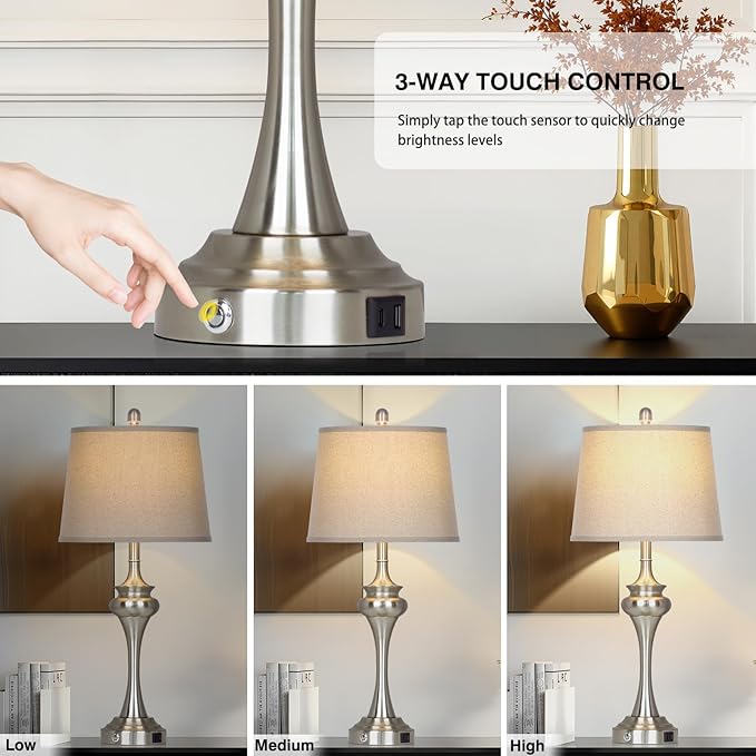30" Silver Table Lamps Set of 2, 3 Way Touch Control Living Room Lamp with USB A+C Ports, Modern Brushed Nickel Bedroom Lamps, Tall Metal Bedside Lamp for Nightstand Desk Side Table Office - Bloomnest