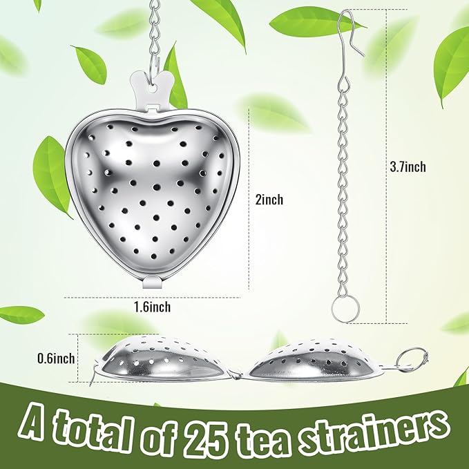 Sumind 25 Pcs Heart Tea Strainer Stainless Steel Ball Infuser Loose Leaf Steeper Interval Diffuser Mesh Filters with Extended Chain Hook for Cup Bottle Tea Party Wedding Bridal Shower(Silver) - Bloomnest