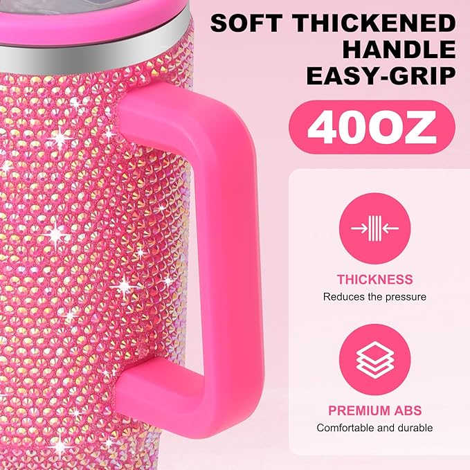 40 oz Tumbler with Handle and Flip Straw Lid, Insulated Leak Proof Double Walled Stainless Steel Rhinestone Diamond Studded Bling Travel Mug Tumblers, Maintains Cold Ice and Heat for Hours - Bloomnest