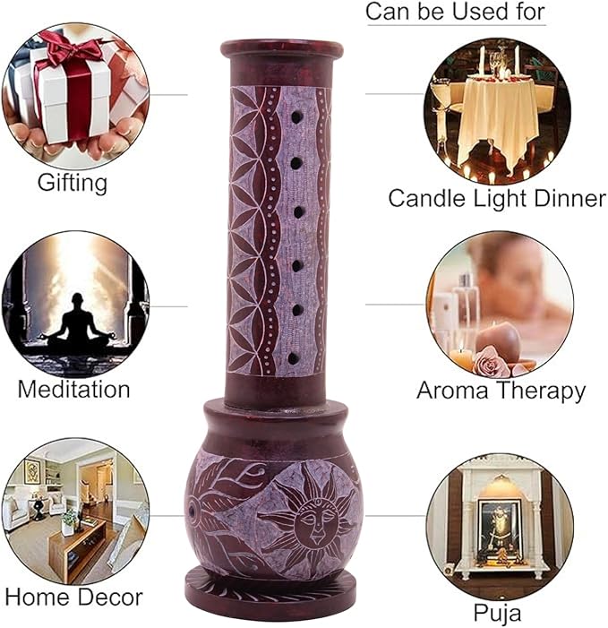 Marble Handmade Soapstone Red Incense Stick Holder | Candle Burner | Tea Light Holder - Round Jaali Carving for Gifting. Decorative Home and Office Decor - (2.5 x 2.5 x 10 Inches)