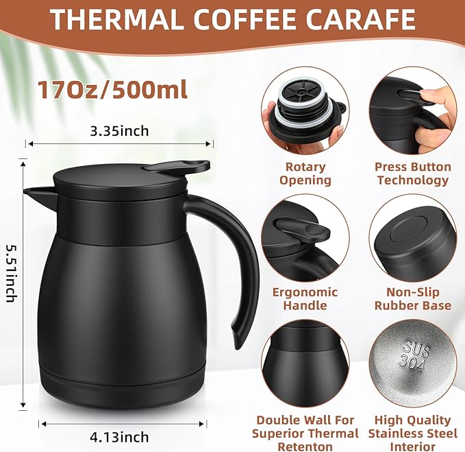 Norme 2 Pcs Thermal Coffee Carafe Insulated Stainless Steel Coffee Carafe for Hot Liquid Vacuum Thermal Pot Creamer Pitcher Dispenser with Brushes Keeping Hot Water Milk (Black,17 oz) - Bloomnest