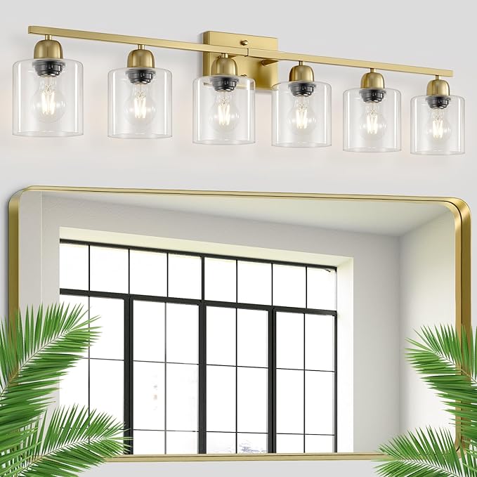 Modern Brushed Gold 6 Light Bathroom Light Fixtures,38 inch Vanity Lights for Bathroom with Clear Glass, Vanity Light for Mirror Kitchen Living Room Hallway Cabinet Porch - Bloomnest