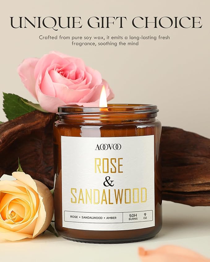AOOVOO Rose Sandalwood Candles - 9 oz Scented Candles, Aromatherapy Candle, Soy Candle for Home Scented - Bloomnest
