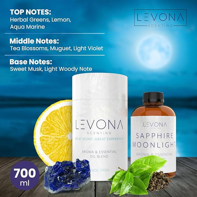 Levona Scent Essential Oil - Fresh Aroma for Home, Office, Hotel & Spa, Perfect in Humidifiers and Diffusers, Luxury Fragrance, with Lemon & Aqua Marine Notes - 700ml/ 23 fl oz, Sapphire Moonlight - Bloomnest