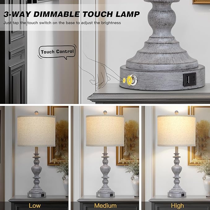 27" Tall Table Lamps for Living Room, 3-Way Dimmable Touch Control Farmhouse Vintage Table Lamps Set of 2 with USB C+A Ports and AC Outlets, Rustic Bedside Nightstand Lamp for Bedrooms Office Grey - Bloomnest