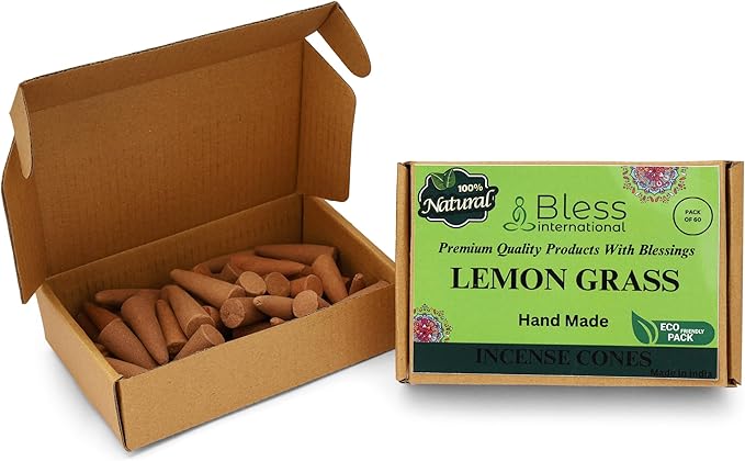 Bless International Lemon Gras 100%-Natural-Incense-Cones Handmade-Hand-Dipped Organic-Chemicals-Free for-Purification-Relaxation-Positivity-Yoga-Meditation The-Best-scents (60 Count) BlessInternational