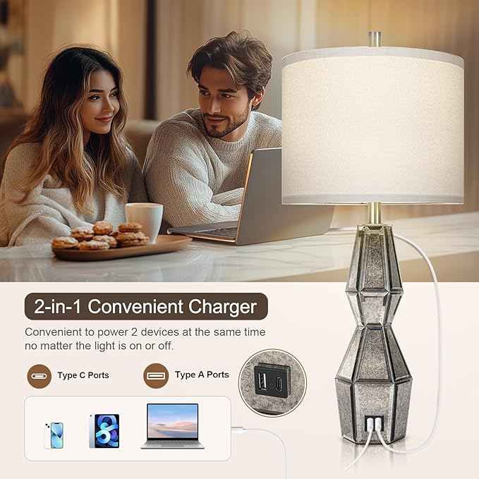 28" Vintage Table Lamps for Bedroom,Antique Bedside Lamp for Living Room with USB A+C Ports,Glass Table Lamps with Linen Shade,3-Way Dimmable Bulb,Nightstand Lamp for Home Hotel Decor(Bulb Included) - Bloomnest