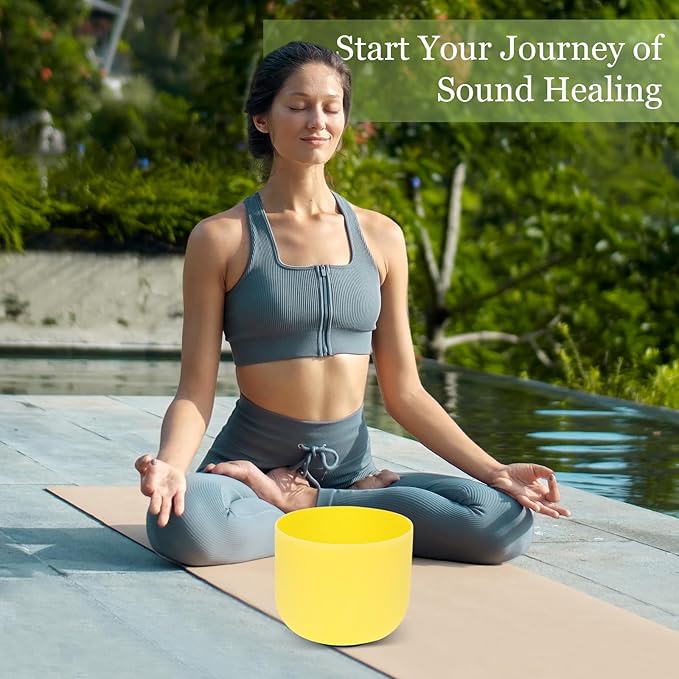 432HZ 8 Inchs E Note Yellow Frosted Crystal Singing Bowl for Meditation Healing Yoga Chakra Quartz Crystal Sound Bowls with Heavy Duty Carry Case and Rubber Mallet,Suede Striker,O-rings - Bloomnest