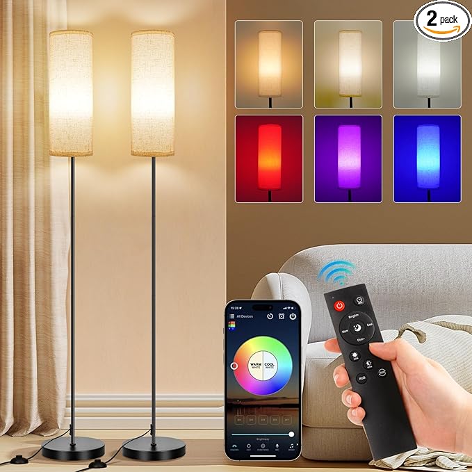 FRIDEKO HOME 2 Pack Floor Lamps for Living Room, Dimmable Colors Temperature & Brightness, Modern Floor Lamp with Remote, Tall Standing Lamps for Living Room Bedroom Office, Beige Shade 9W Smart Bulb - Bloomnest
