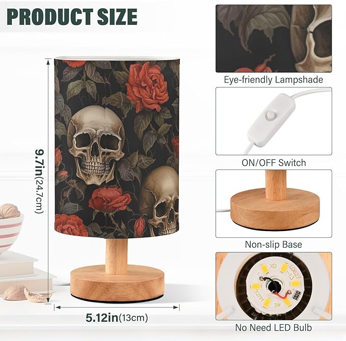 Bedside Lamp Skull Gothic Red Rose Flower Table Lamp with USB Port Wood Base for Living - Bloomnest