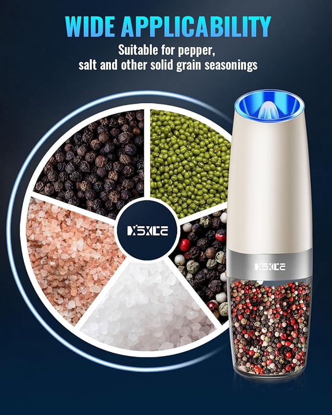 XinXu Gravity Electric Pepper and Salt Grinder Set, Adjustable Coarseness, with LED Light, One Hand Automatic Operation (Set/Khaki X) - Bloomnest