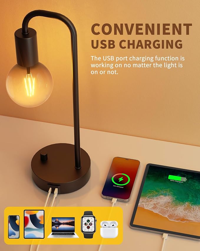 ONEWISH Industrial Table Lamp with 2 USB Port, Fully Dimmable Nightstand Bedside Lamps for Bedroom,Desk Lamps with 2700K Black Gradient Bulb for Reading Living Room,Office - Bloomnest
