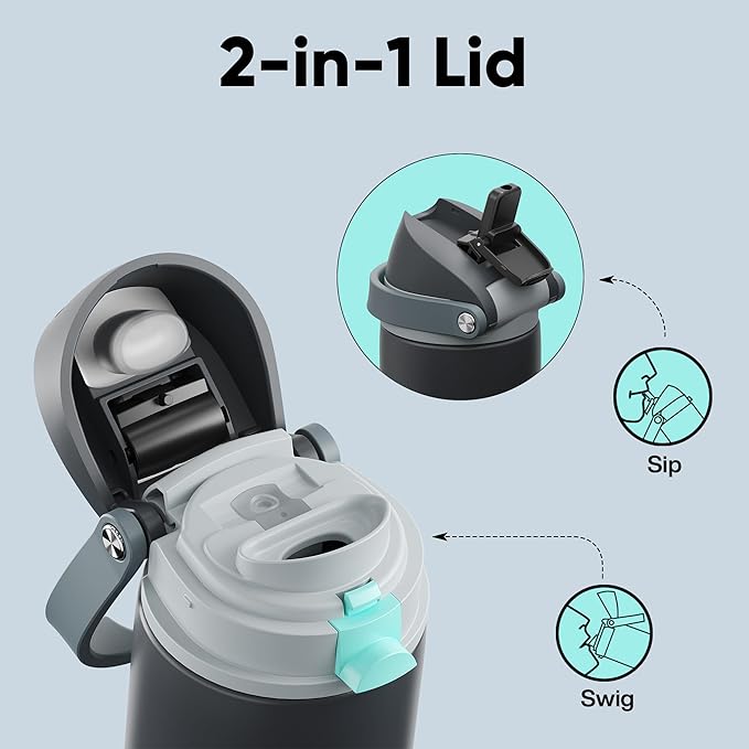 Insulated Water Bottle with Straw - Encool Stainless Steel Water Bottle with Push Button Lid, Leak-Proof & BPA-Free, Keeps Cold for 24 Hours for Sports, Travel, Gym (18 oz, Tuna Grey-Green) ENCOOL