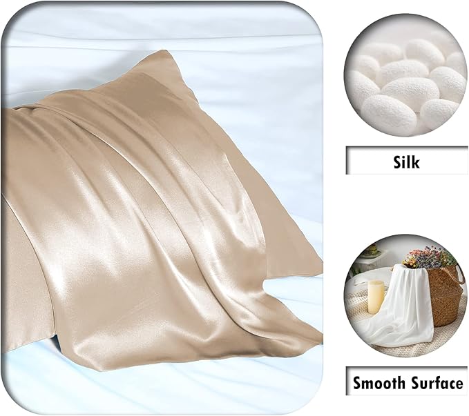Silk Pillow Cases 2 Pack,Soft Breathable and Sliky Standard Size Pillow Cases Set of 2,Natural Mulberry Silk Pillowcase Set of 2 for Hair and Skin with Hidden Zipper (Champagne,20"X 26",2pcs) - Bloomnest