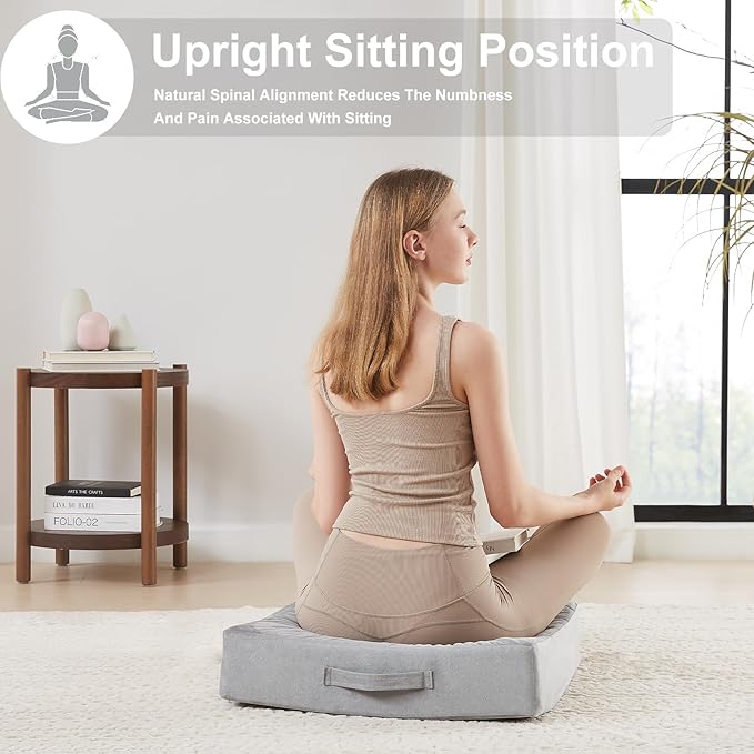 22 inches Floor Pillow for Adults - Large Meditation Cushion with Thick Foam & Soft Tufted Cover - Premium Outdoor Square Floor Cushion Seat - Yoga Pillows for Sitting On Floor - Light Gray - Bloomnest