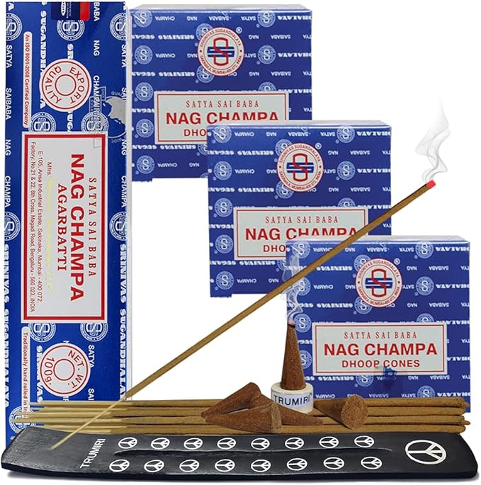 Nag Champa Incense Sticks 100g and Cones Variety Pack with Burner Holder Bundle from Satya Incense 100g Trumiri for Smudging and Aroma