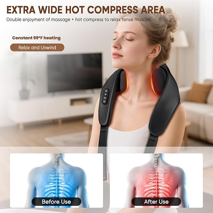 Shiatsu Neck and Back Massager, Shoulder Massager for Pain Relief Deep Tissue, Cordless 4D Deep Tissue Kneading Massage Pillow with Heat for Neck, Back, Legs, Massager Gifts for Men Women (Deep Black) - Bloomnest
