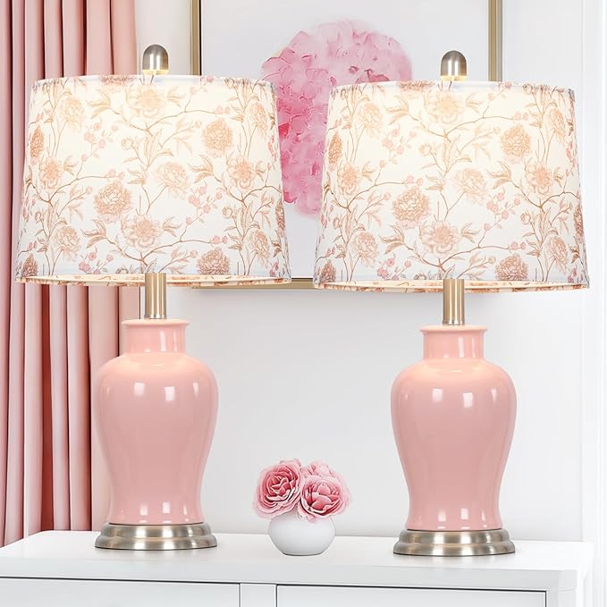 Pink Ceramic Table Lamp with Flower Lampshade, 23" Cute Ceramic Bedside Lamp with Ginger Jar Design, Modern Living Room Lamps Set 2, Elegant Bedroom Lamps for Nightstand Desk Side Home Decor - Bloomnest