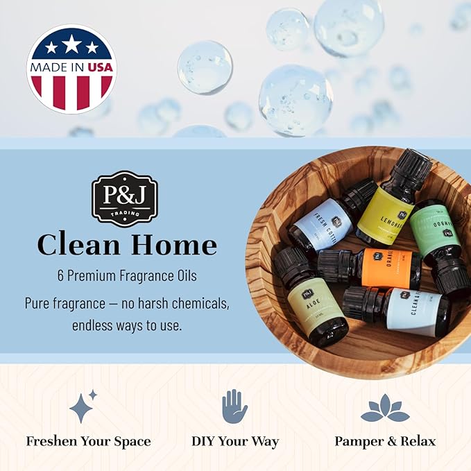 P&J Fragrance Oil Clean Home Set | Lemongrass, Fresh Cotton, Clean & Fresh, Aloe, Bamboo, Orange Candle Scents for Candle Making, Freshie Scent, Soap Making Supplies, Diffuser Oil Scents - Bloomnest