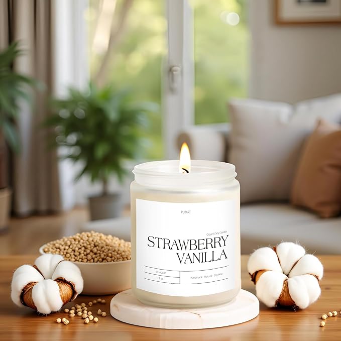 Strawberry Vanilla Highly Scented Candle for Home, 9oz Natural Soy Aromatherapy Non Toxic Candles with Essential Oil, Home Fragrance Stress Relief & Meditation Jar Candles Gifts for Women & Men - Bloomnest
